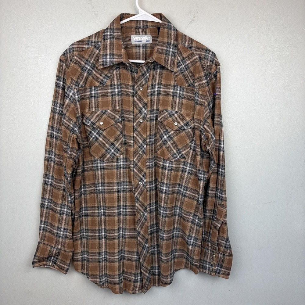 Wrangler Shirt Mens Large Brown Plaid Western Pearl Snap Flannel Long Sleeve‎ - Picture 2 of 8